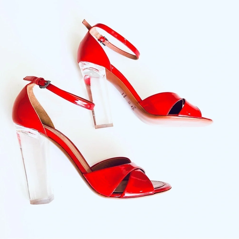 Alaia Red Patent Leather Luxury HTF Sandal w/ Clear-Block Heel Ankle-Strap 37.5 - Picture 11 of 16